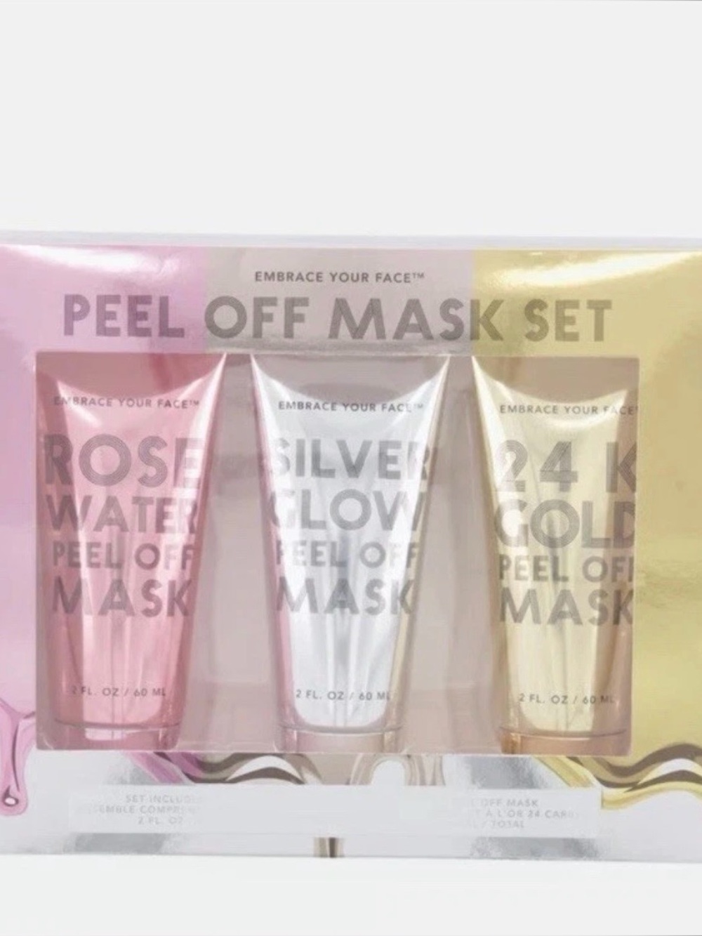 EMBRACE YOUR FACE Peel Off Mask Rose Water Silver Glow 24k Gold NEW Set Of 3